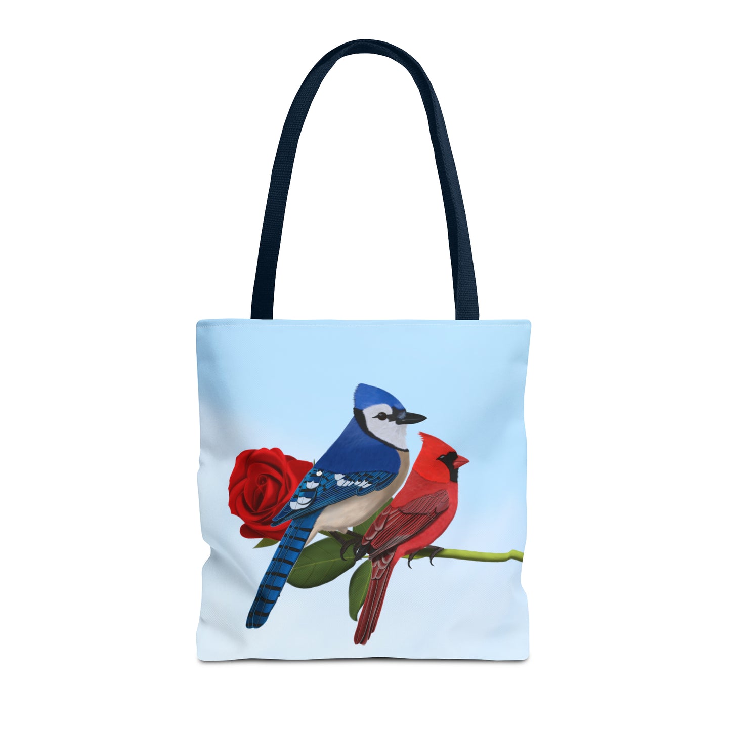 Blue Jay and Cardinal on a Rose Valentine's Day Bird Tote Bag 16"x16" - jz.birds