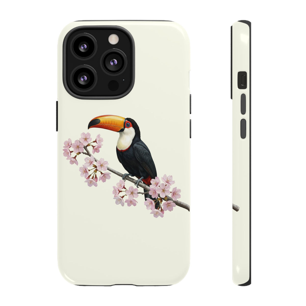 Custodia per cellulare Tukan in bianco crema | Motivo floreale con uccello e fiori di ciliegio per iPhone e Google Pixel