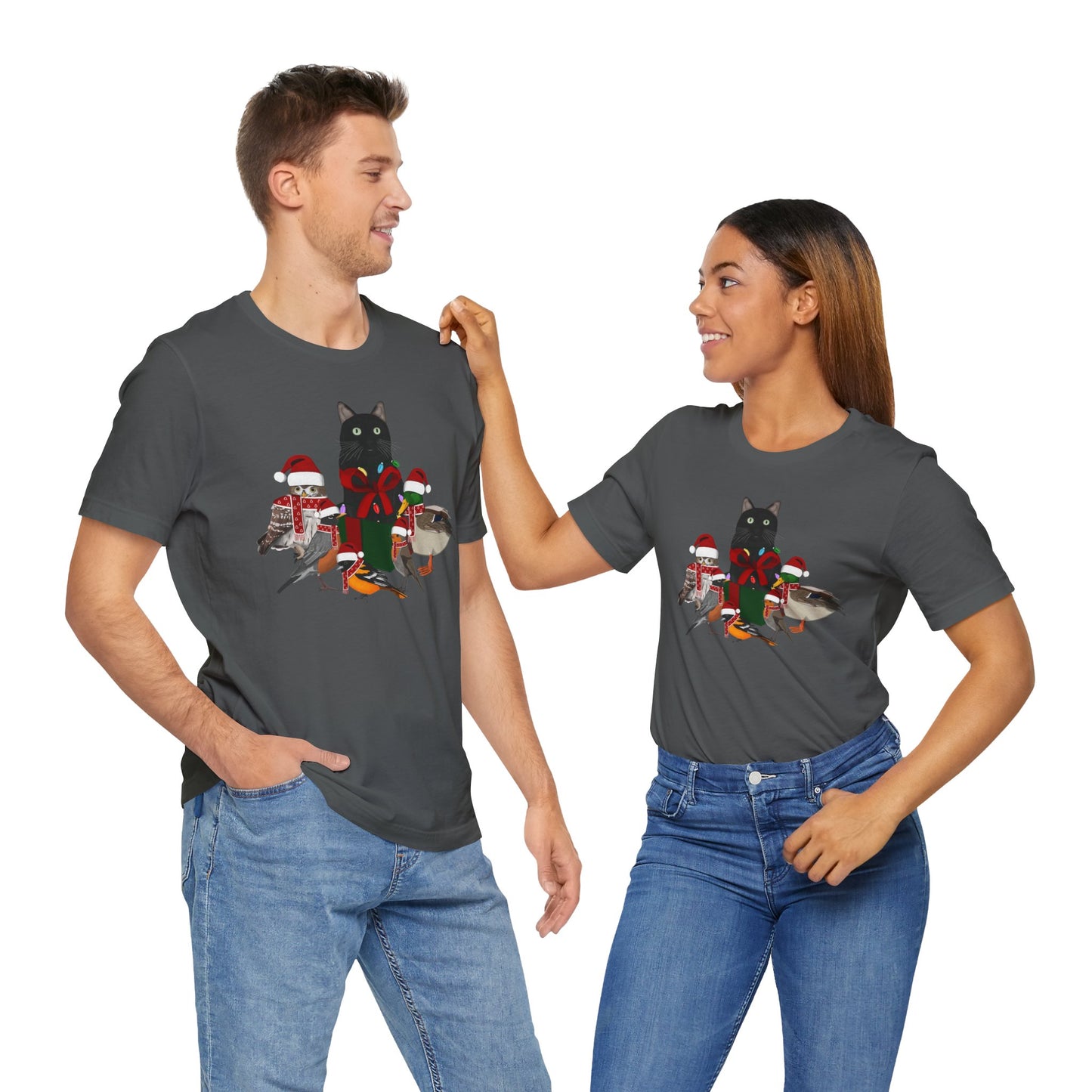 Robin Mallard Oriole Owl with Cat in a Box and Fairy Lights Christmas Bird T-Shirt
