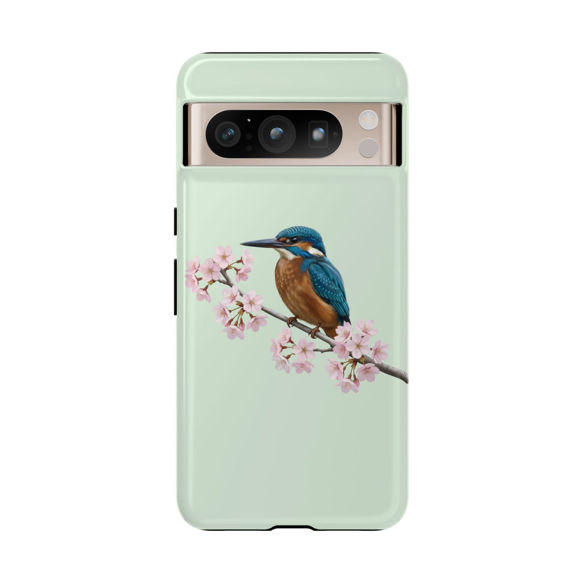 Eisvogel Handyhülle in Salbeigrün | Florales Kirschblüten Vogel-Motiv für iPhone & Google Pixel