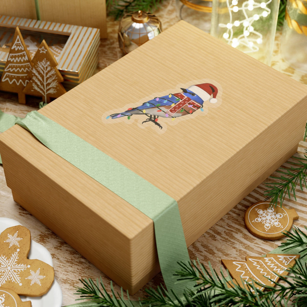 フェアリーライトとサンタクロースの帽子とスカーフをつけた青い鳥のクリスマス鳥ステッカー