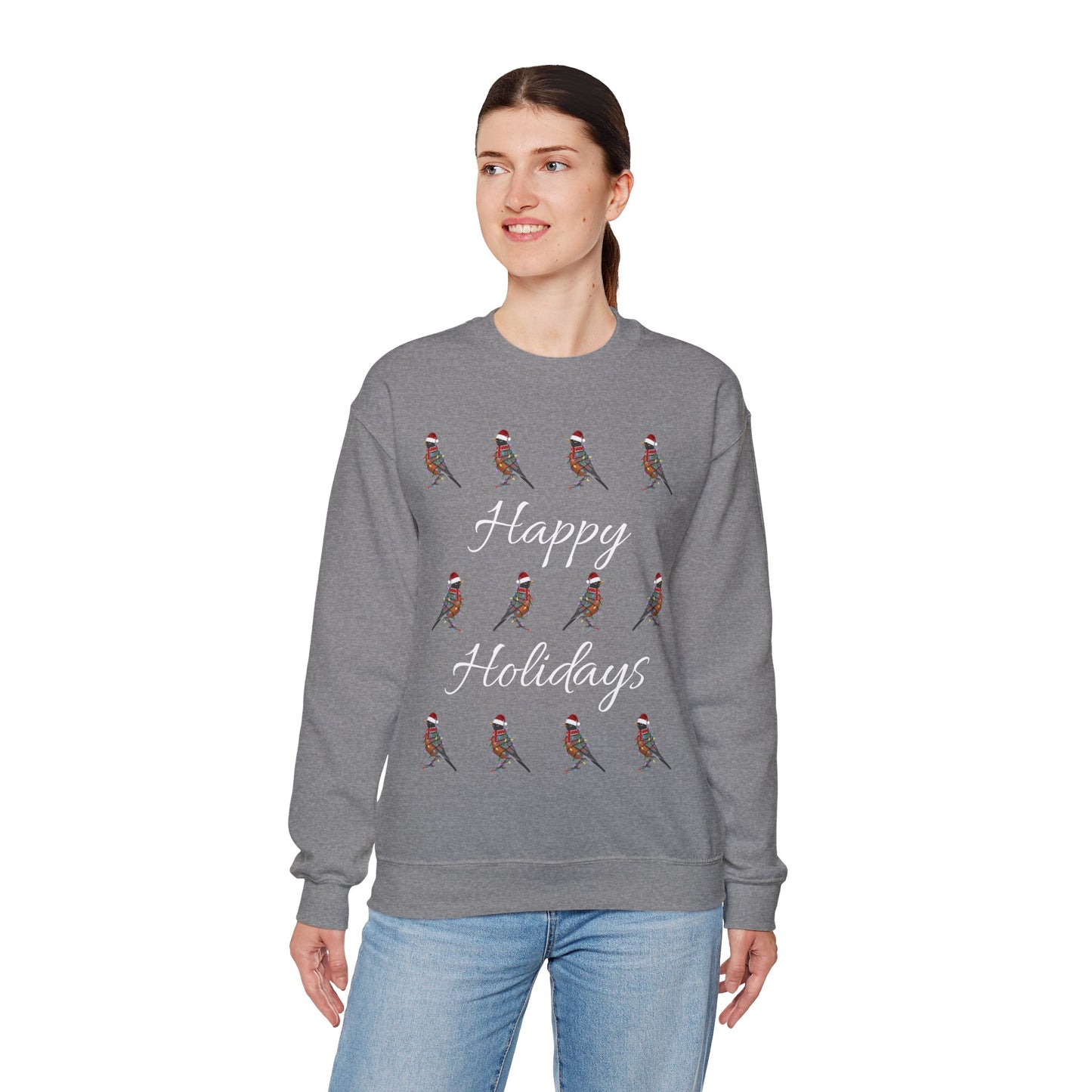 American Robin as Santa with Hat Scarf and Fairy Lights Happy Holidays Birdwatcher Christmas Bird Sweatshirt