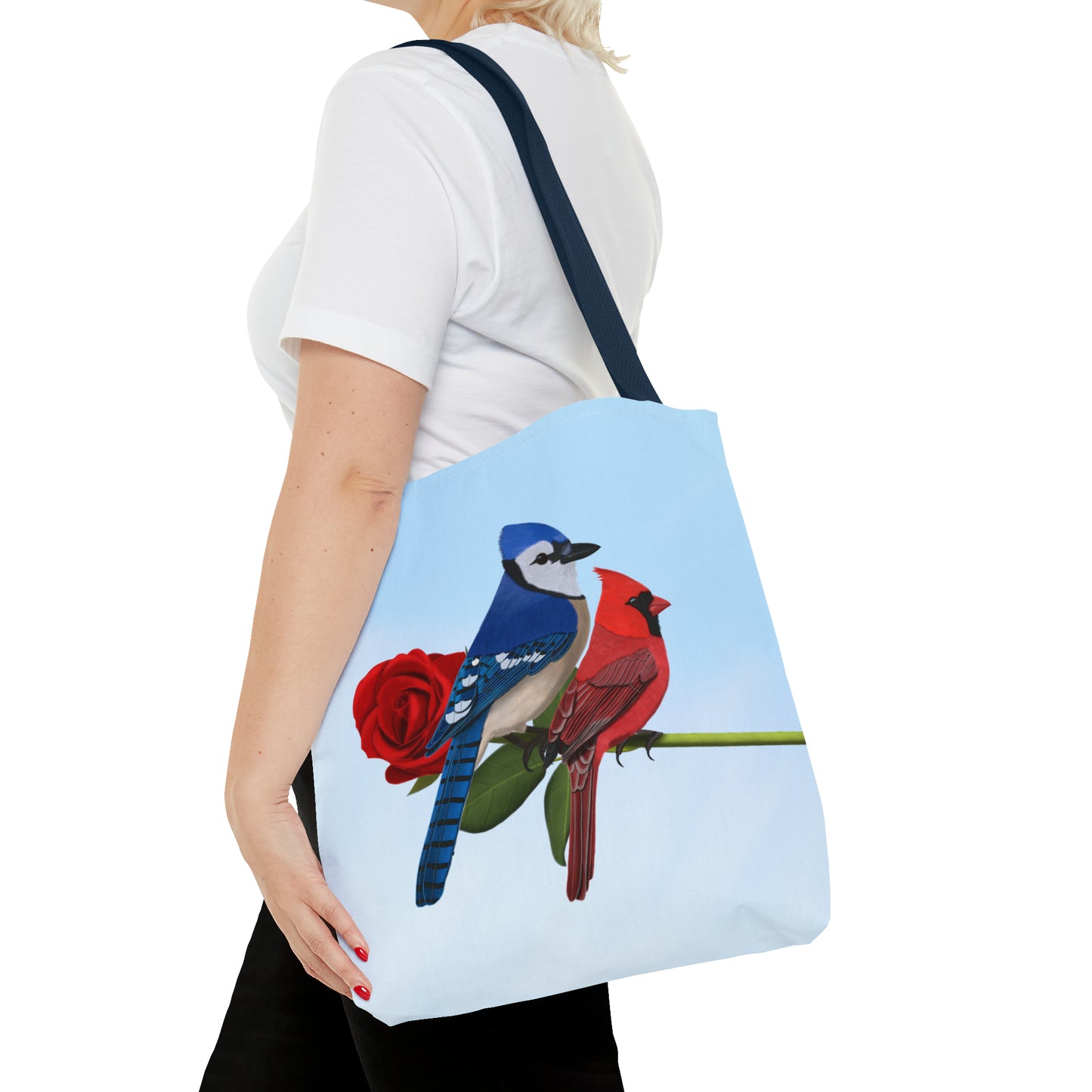 Blue Jay and Cardinal on a Rose Valentine's Day Bird Tote Bag 16"x16" - jz.birds