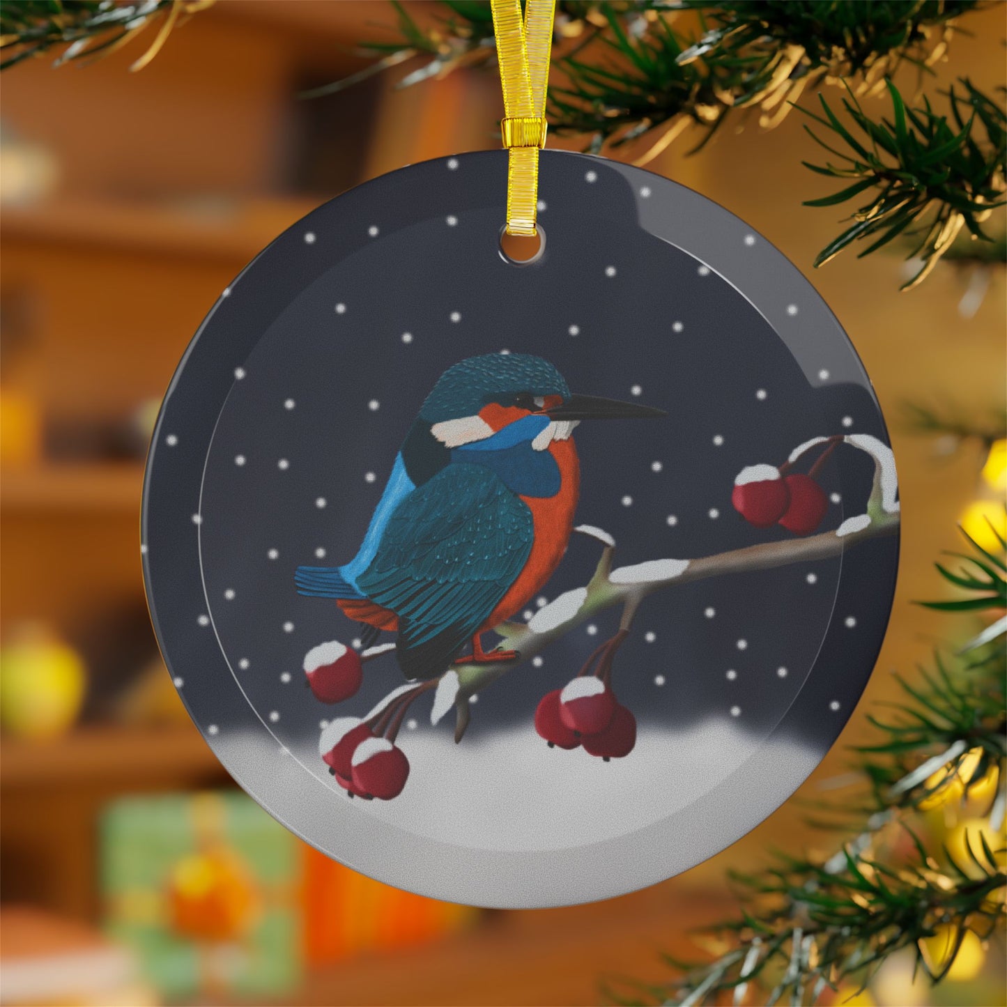 Kingfisher on a Winter Branch Christmas Bird Glass Ornament