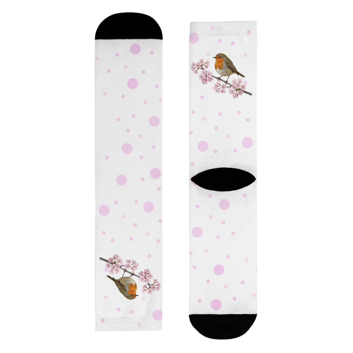 Rotkehlchen Socken – mit Kirschblüten | Weiß Rosa gepunktete Vogelmotiv Strümpfe