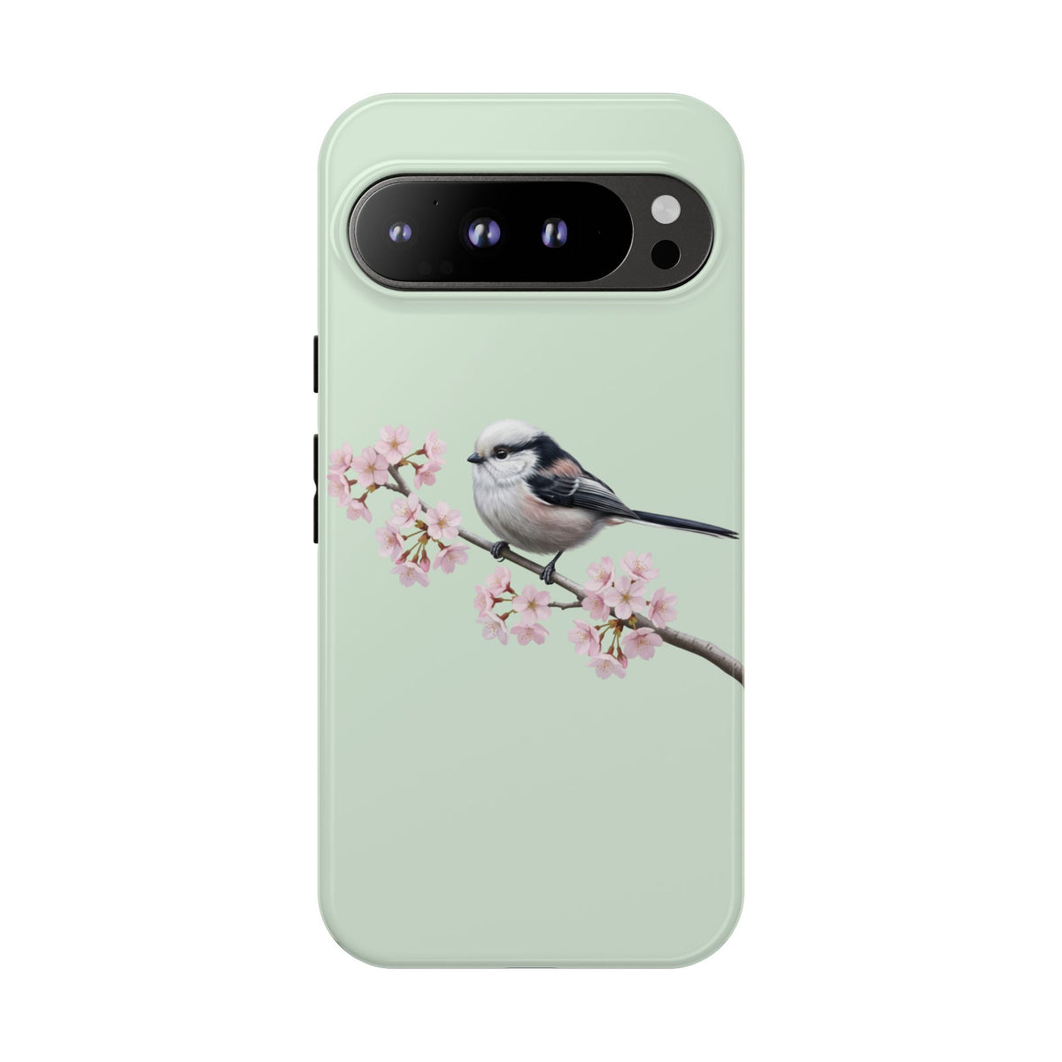 Funda para móvil de carbonero común en verde salvia | Motivo floral de pájaro y flores de cerezo para iPhone y Google Pixel