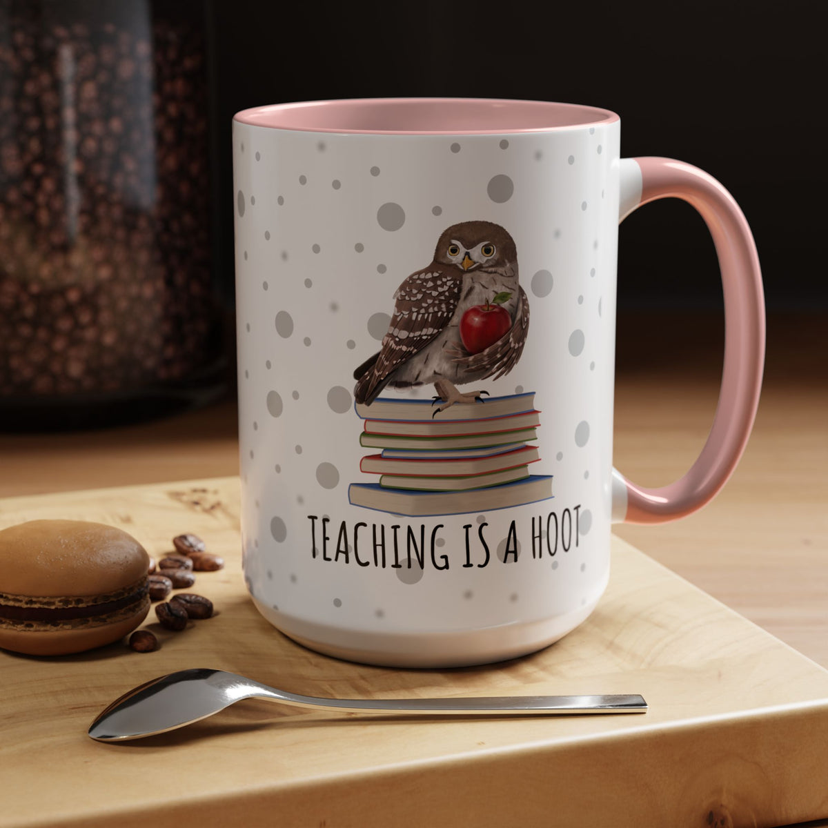 Cute Owl on Books Teacher Mug – Teaching is a Hoot – Two-Tone Classroom Coffee Cup