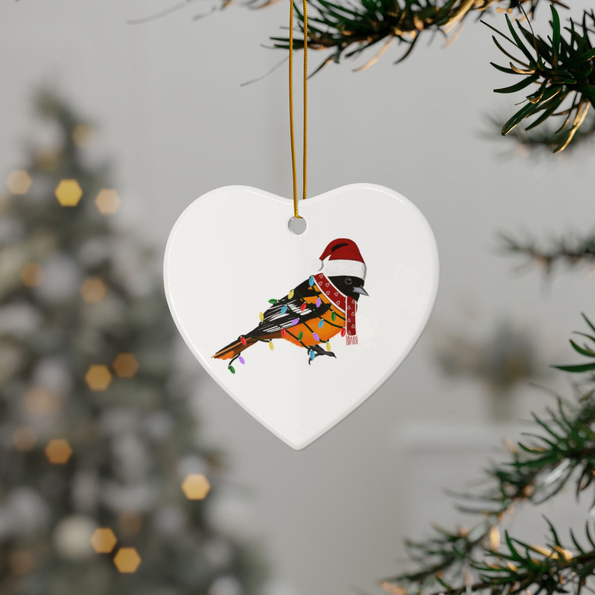 Baltimore Oriole as Santa Ceramic Bird Christmas Ornament | Durable Double-Sided Bird Lover Decor