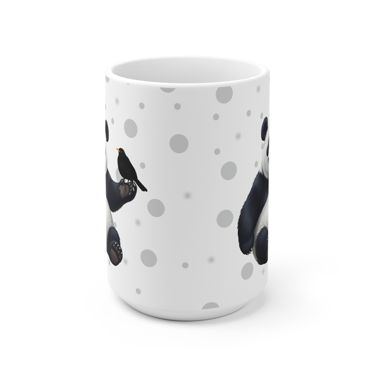 Amsel mit einem fröhlichen Panda Vogel Tiermotiv Tasse Punkte Grau