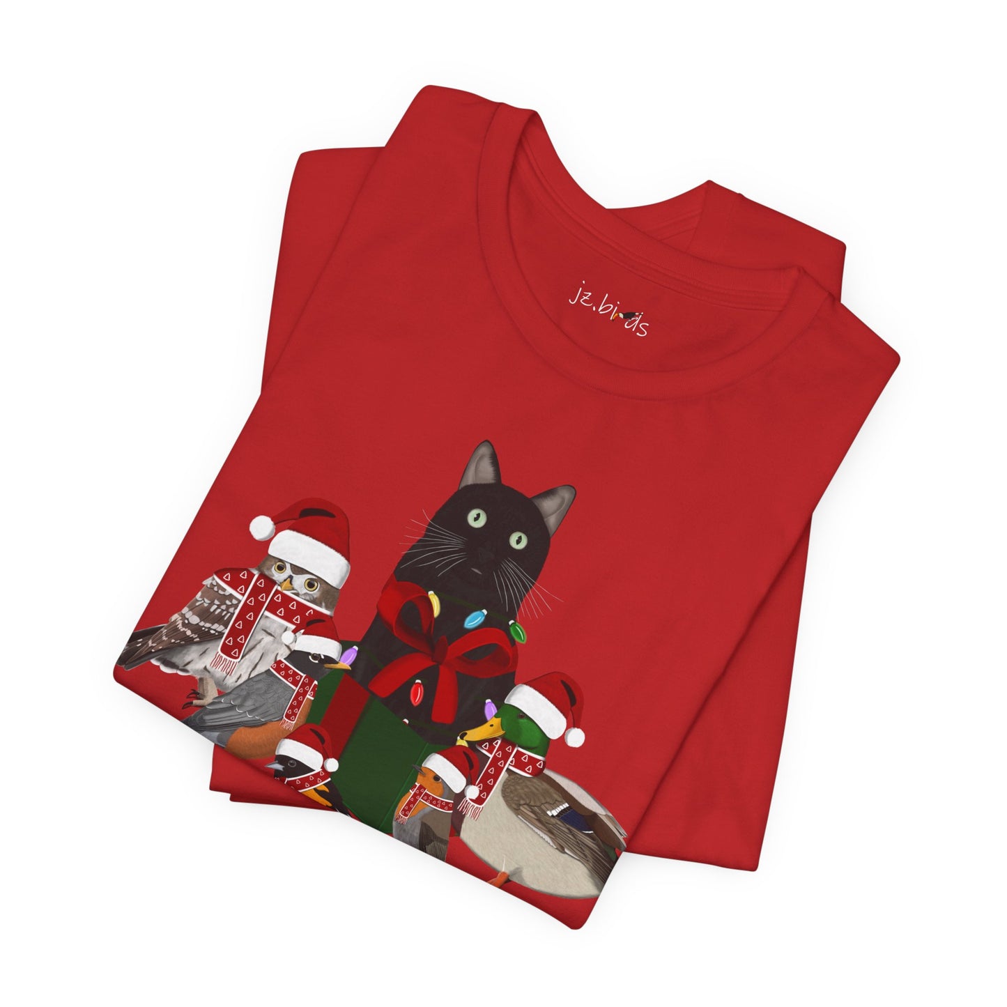 Robin Mallard Oriole Owl with Cat in a Box and Fairy Lights Christmas Bird T-Shirt