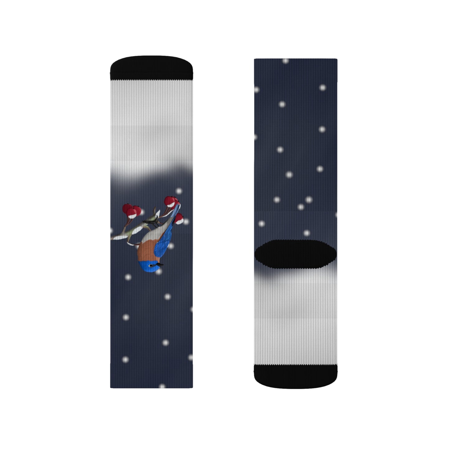 冬の枝に止まる青い鳥のクリスマスバードソックス