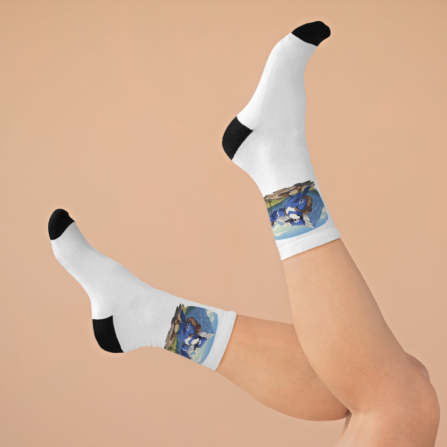 Blue Jay on a Hike Bird Socks White for Bird and Hiking Lovers One Size