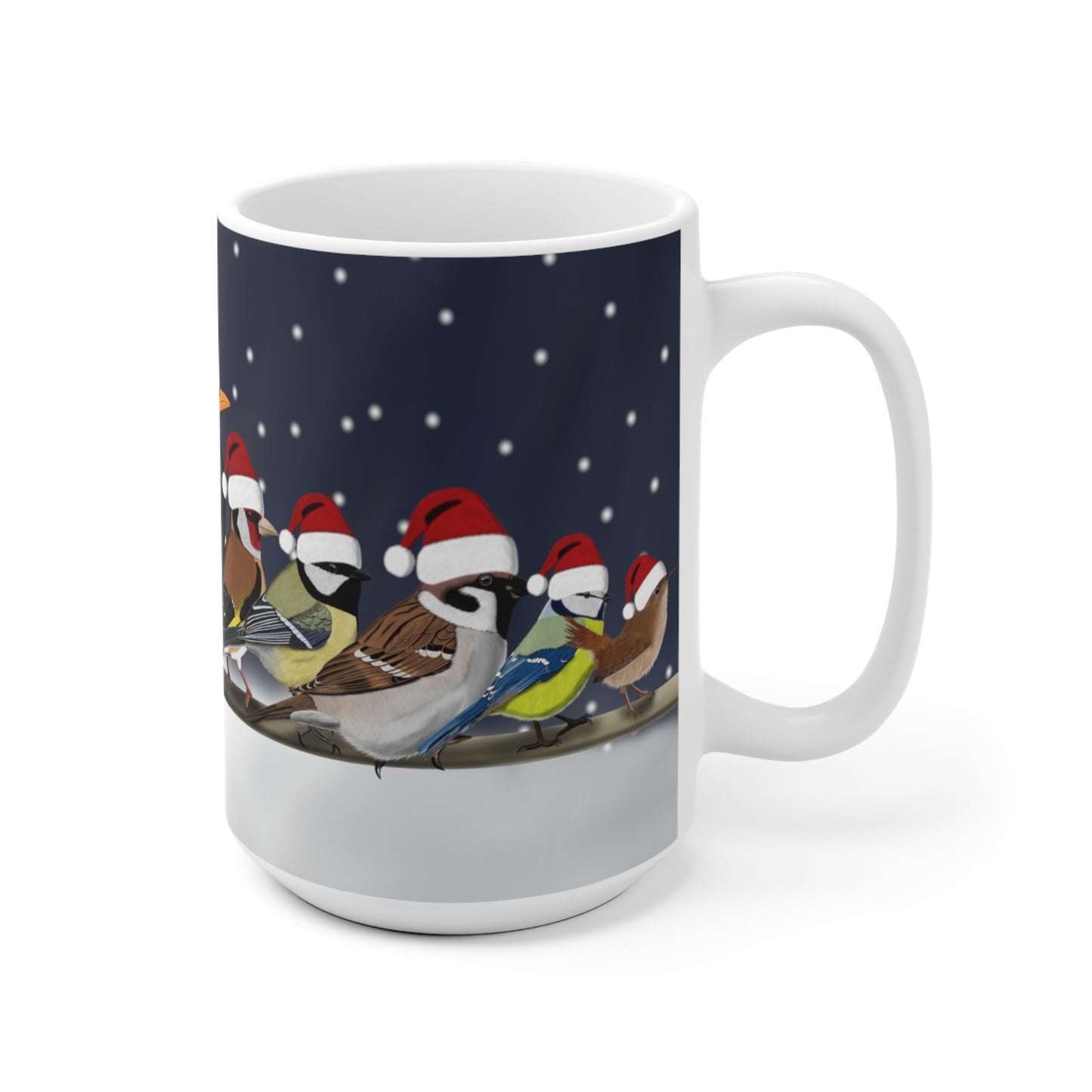 Gartenvögel auf einem Ast Amsel Rotkehlchen Feldsperling im Winter Weihnachten Schnee Vogel Tasse