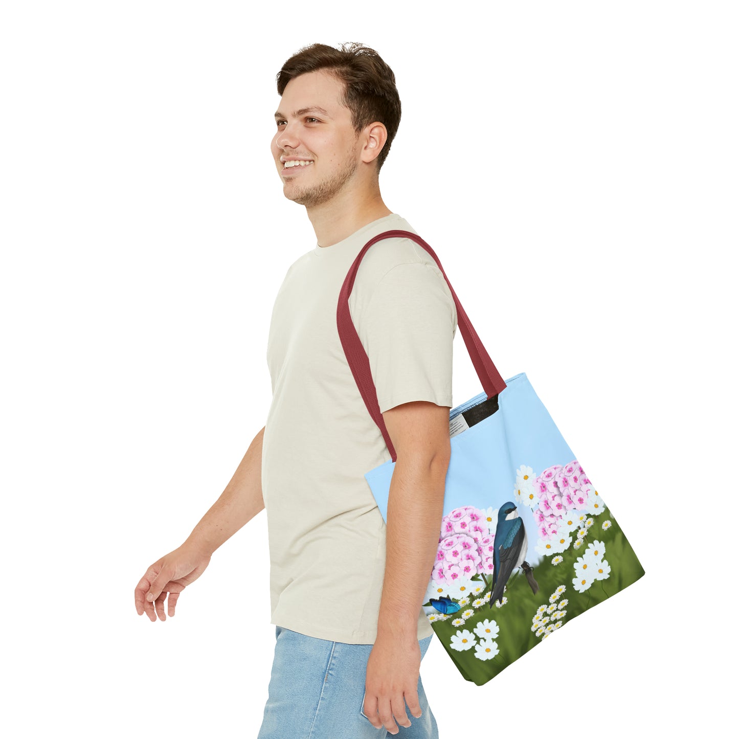 Tree Swallow in Summer Flowers Bird Tote Bag 16"x16" - jz.birds