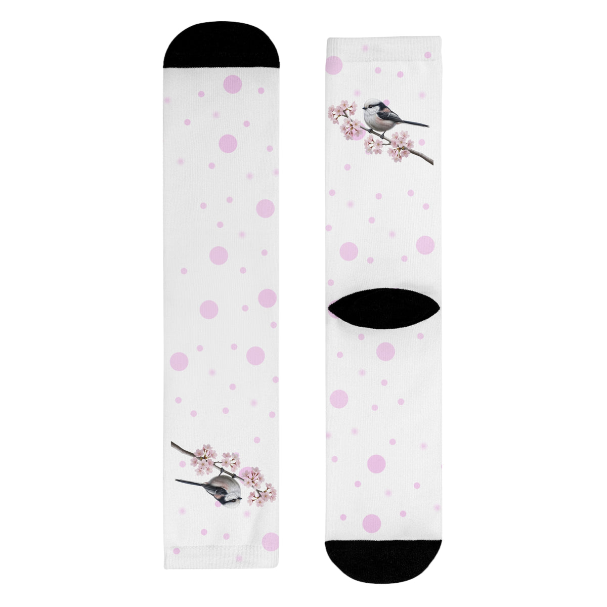 Schwanzmeise Socken – mit Kirschblüten | Weiß Rosa gepunktete Vogelmotiv Strümpfe