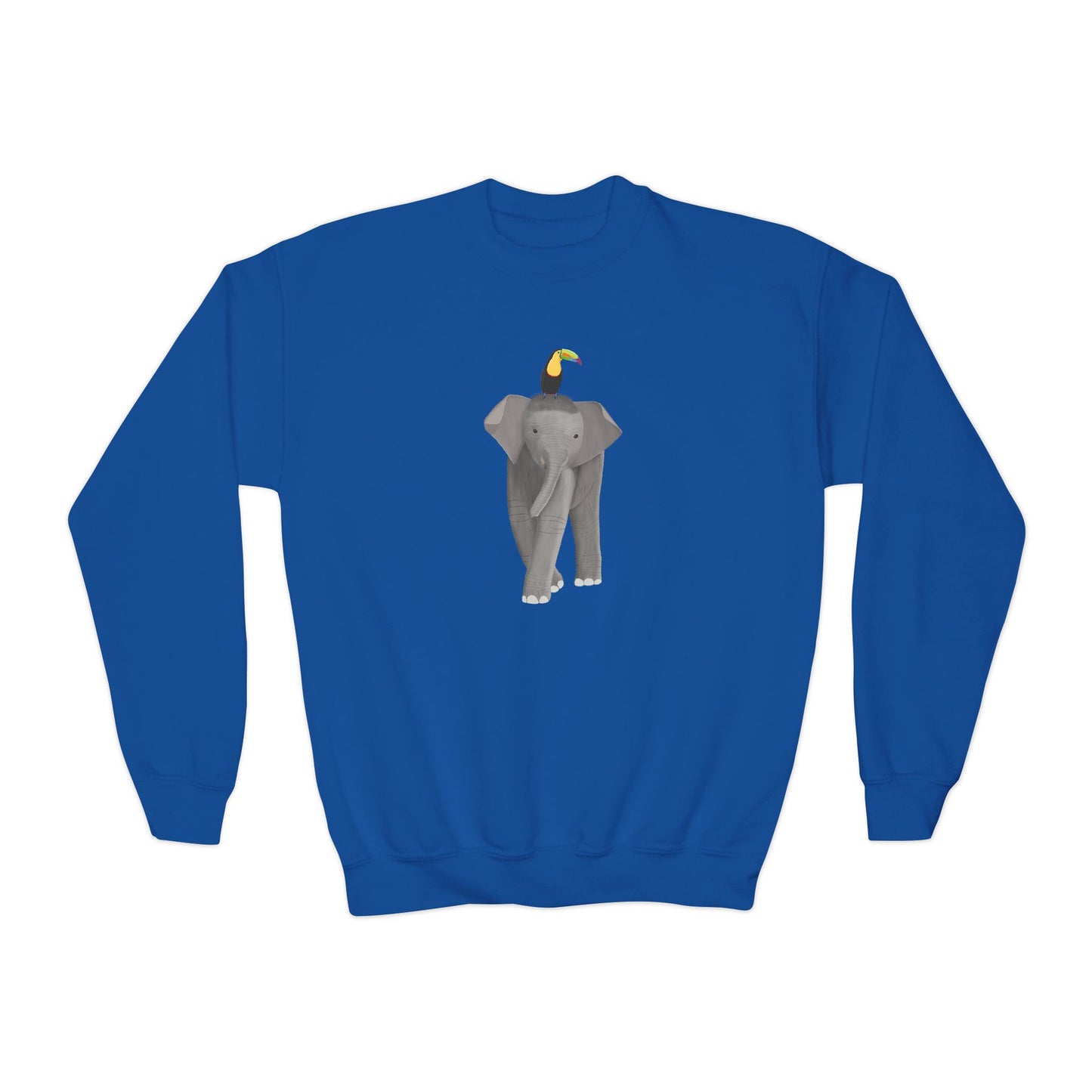 Elephant with Keel Billed Toucan Bird Youth Crewneck Sweatshirt