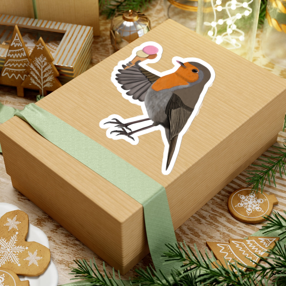 Robin Bird with Ice Cream Kiss-Cut Sticker