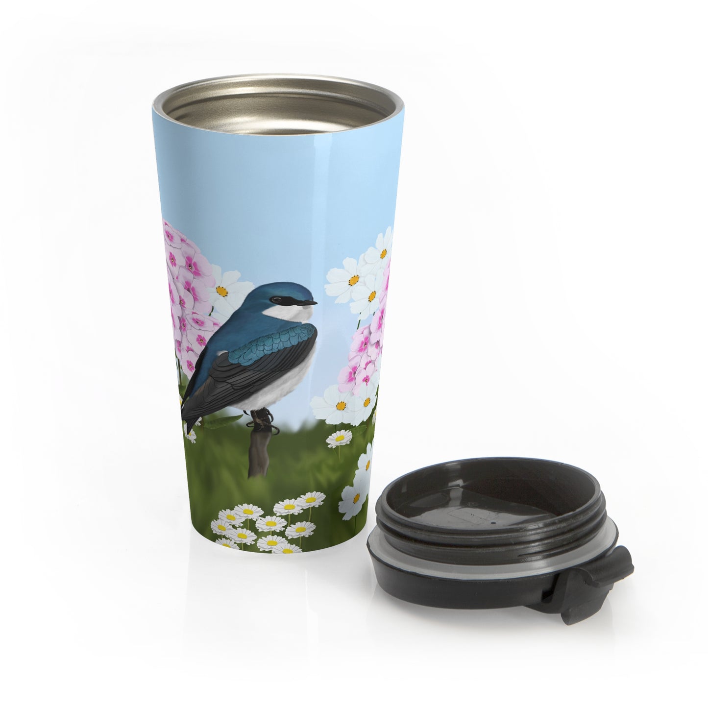 Tree Swallow Summer Flowers Bird Stainless Steel Travel Mug 15oz - jz.birds
