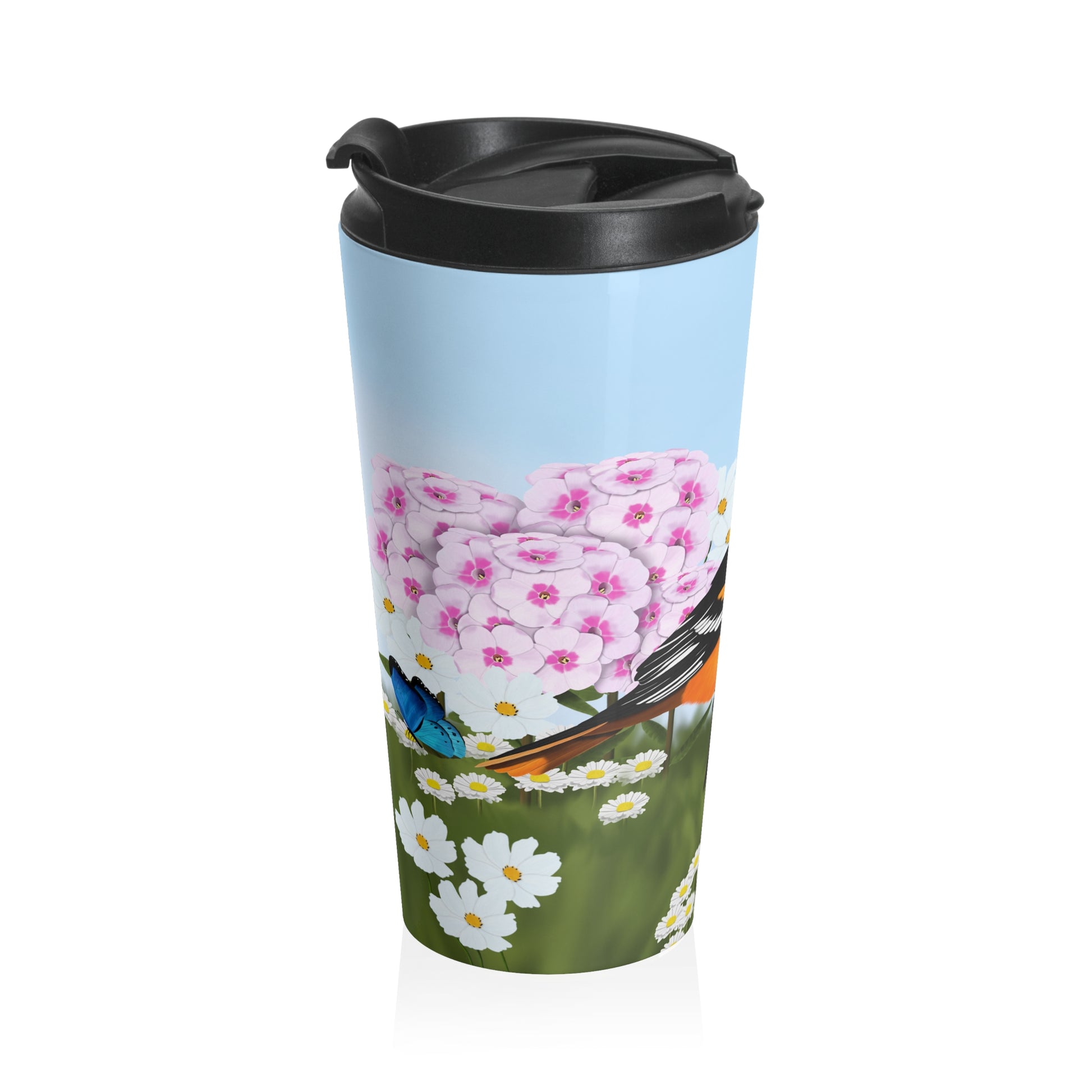 Baltimore Oriole Summer Flowers Bird Stainless Steel Travel Mug 15oz - jz.birds