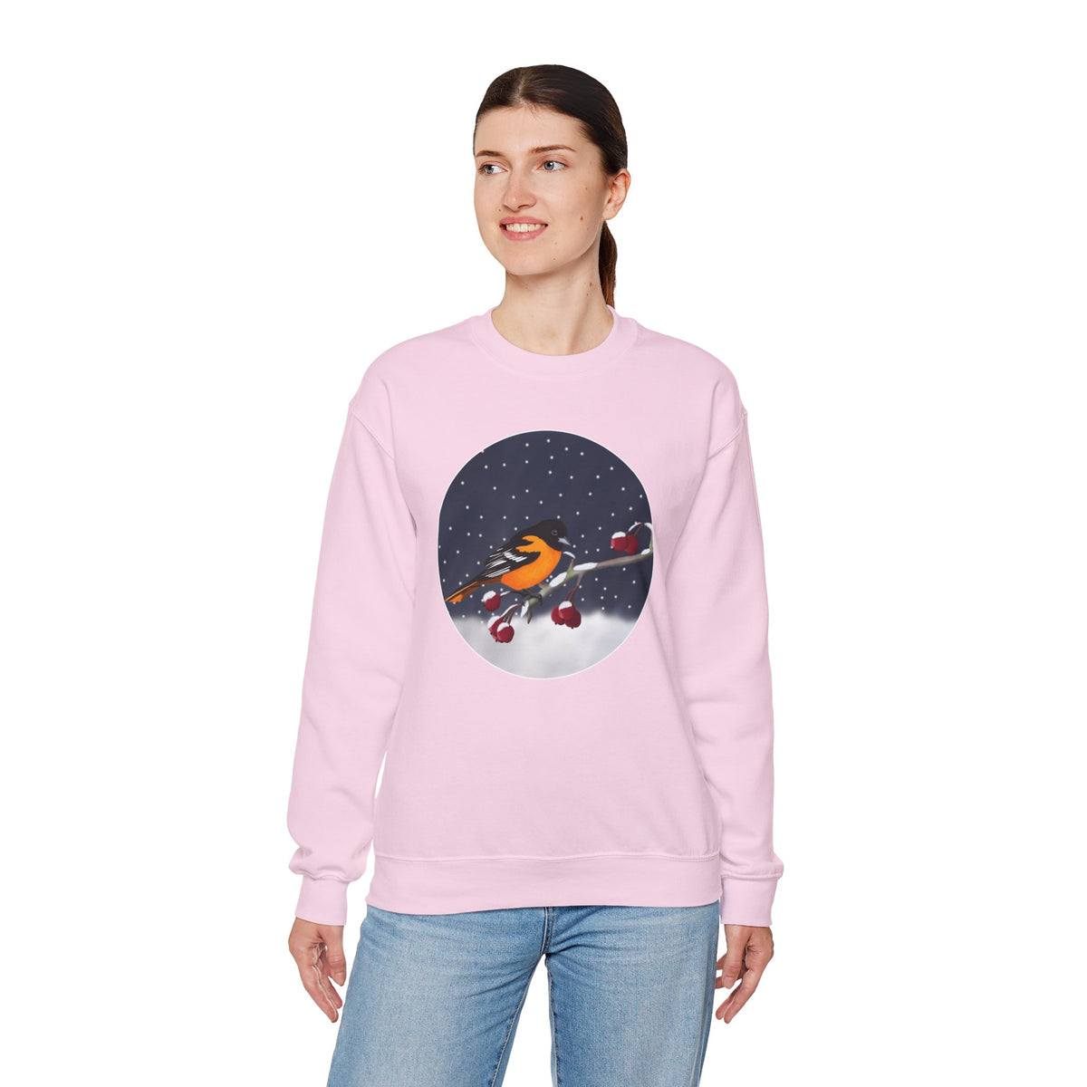 Baltimore Oriole on a Winter Branch Birdwatcher Christmas Bird Sweatshirt