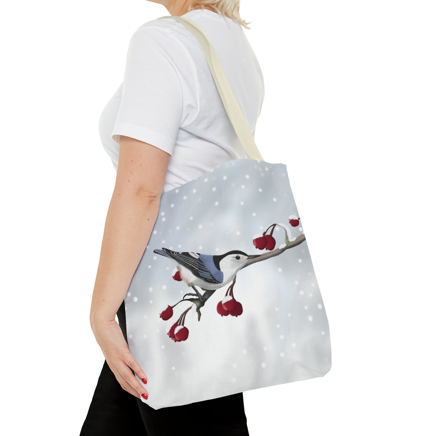 Nuthatch on a Winter Branch Bird Tote Bag 16"x16" - jz.birds