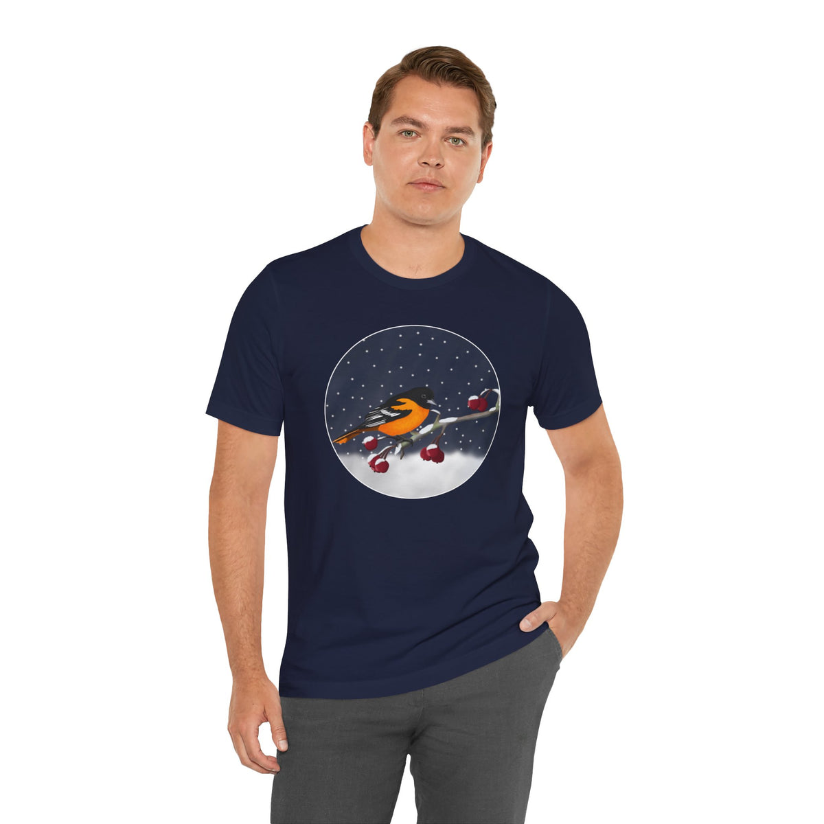 Baltimore Oriole on a Winter Branch Birdwatcher Christmas Bird T-Shirt