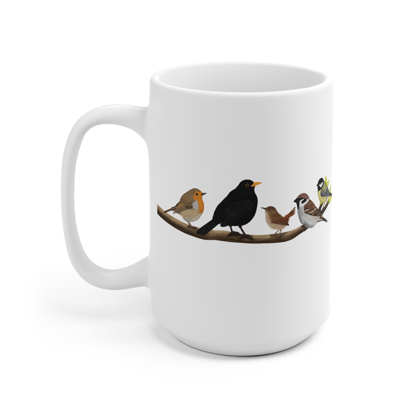 Vögel auf einem Ast Tasse Amsel Rotkehlchen Blaumeise Zaunkönig Spatz Kohlmeise Weiß