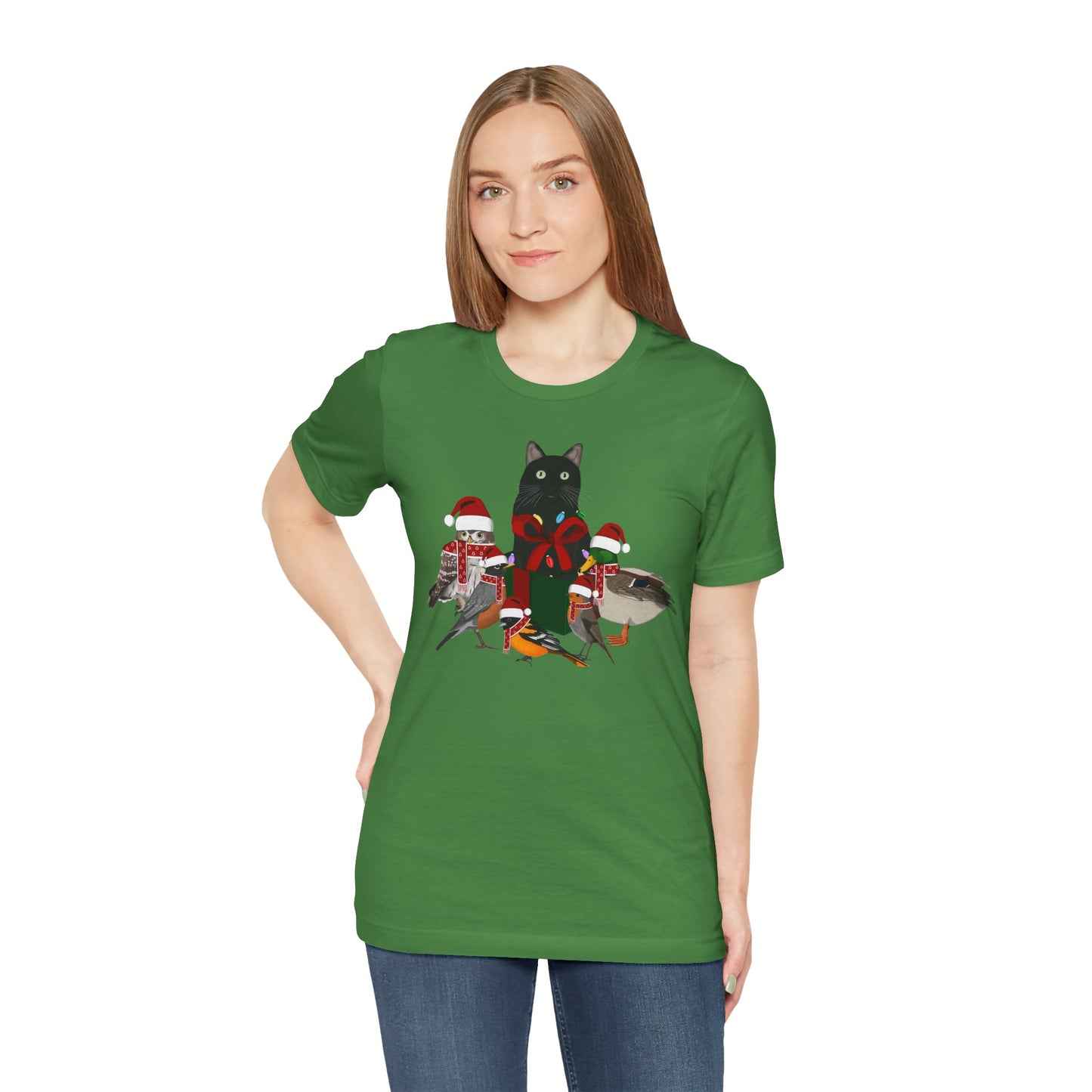 Robin Mallard Oriole Owl with Cat in a Box and Fairy Lights Christmas Bird T-Shirt