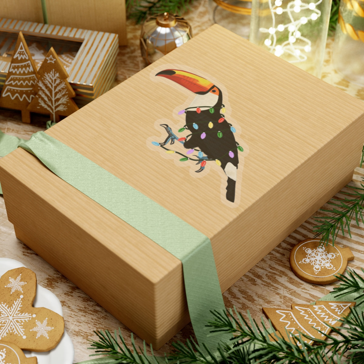 フェアリーライトとサンタクロースの帽子をかぶったオオハシのクリスマス鳥ステッカー