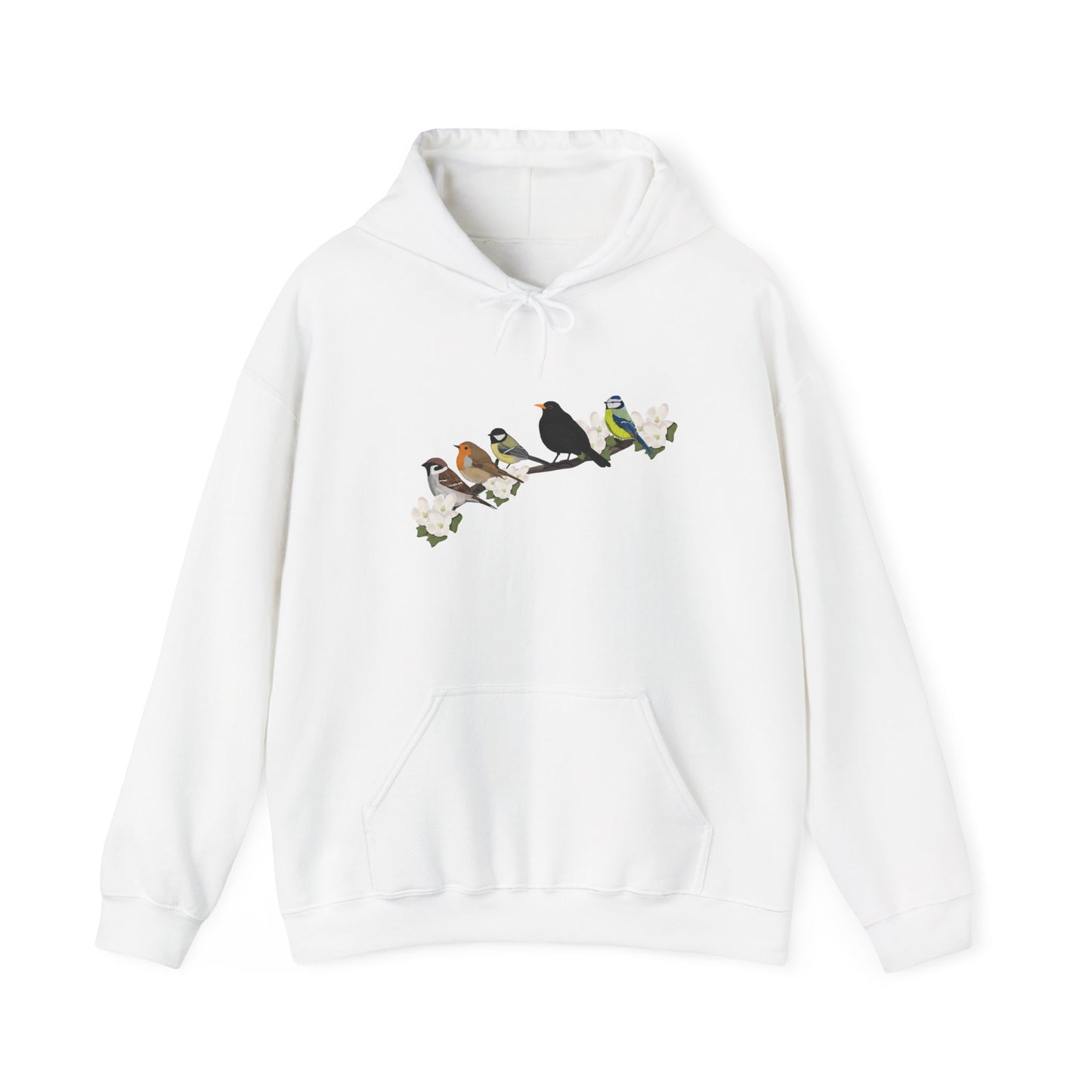 Vögel auf einem Ast Hoodie - Amsel Rotkehlchen Kohlmeise Spatz Kapuzenpullover für Vogelbeobachter & Naturliebhaber