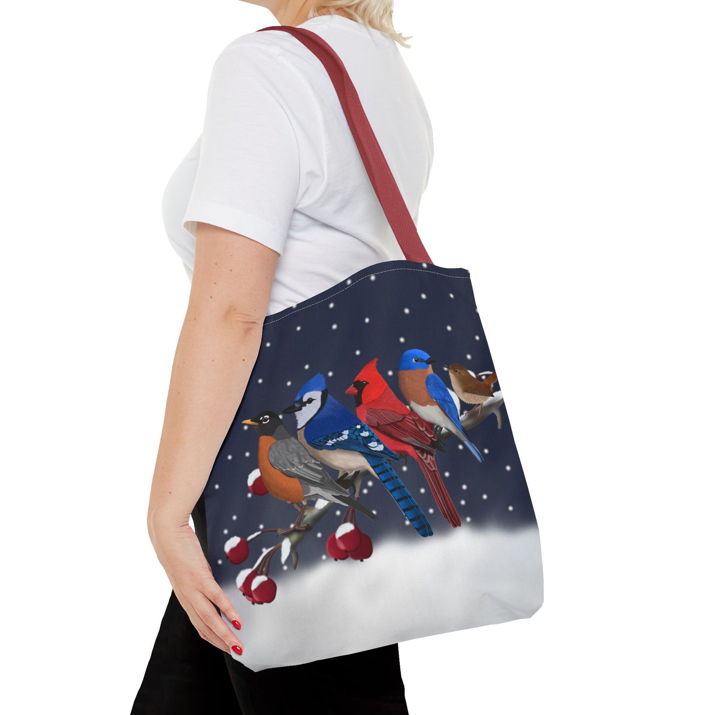 Robin Blue Jay Cardinal Bluebird Wren on a Winter Branch Christmas Bird Tote Bag 16"x16"