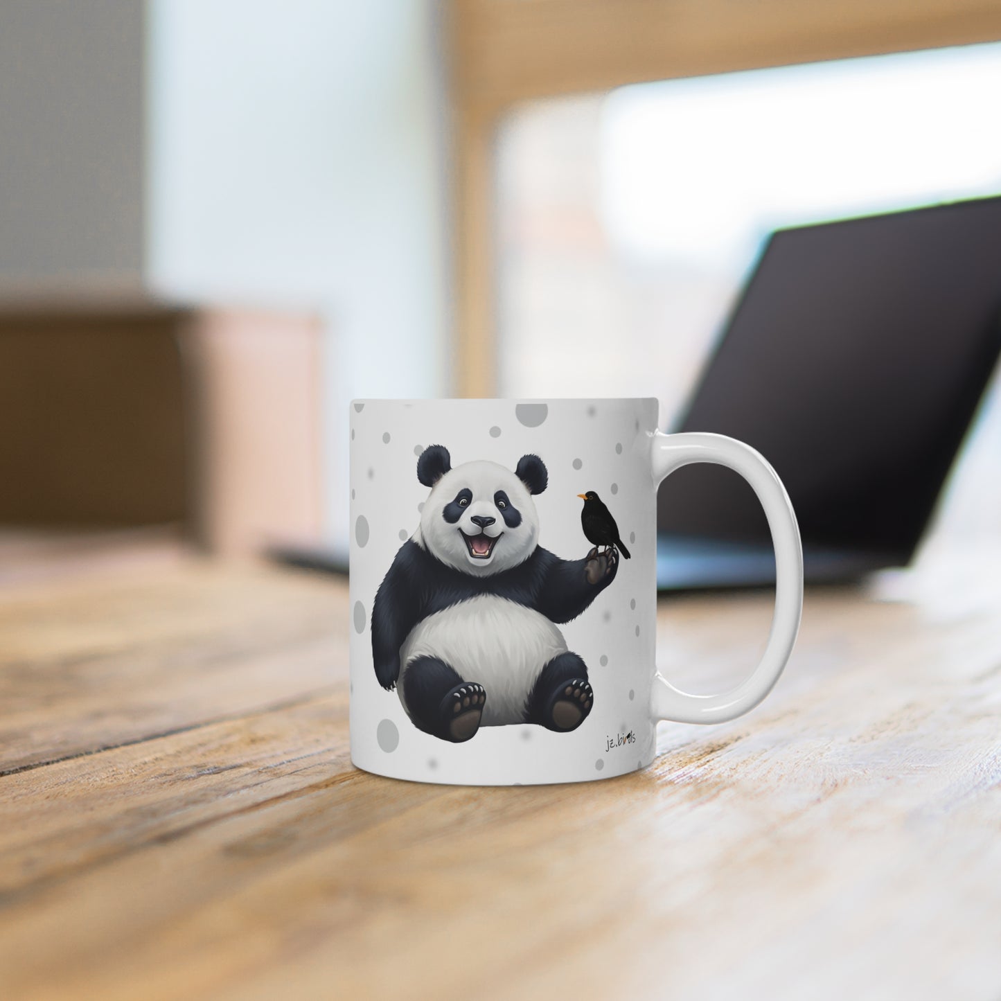 Amsel mit einem fröhlichen Panda Vogel Tiermotiv Tasse Punkte Grau