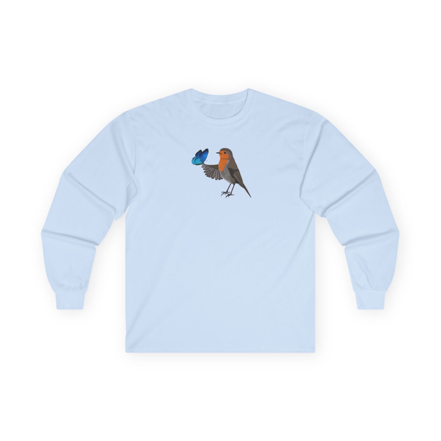 Robin with Butterfly Birding & Birdwatching Bird Cotton Long Sleeve T-Shirt
