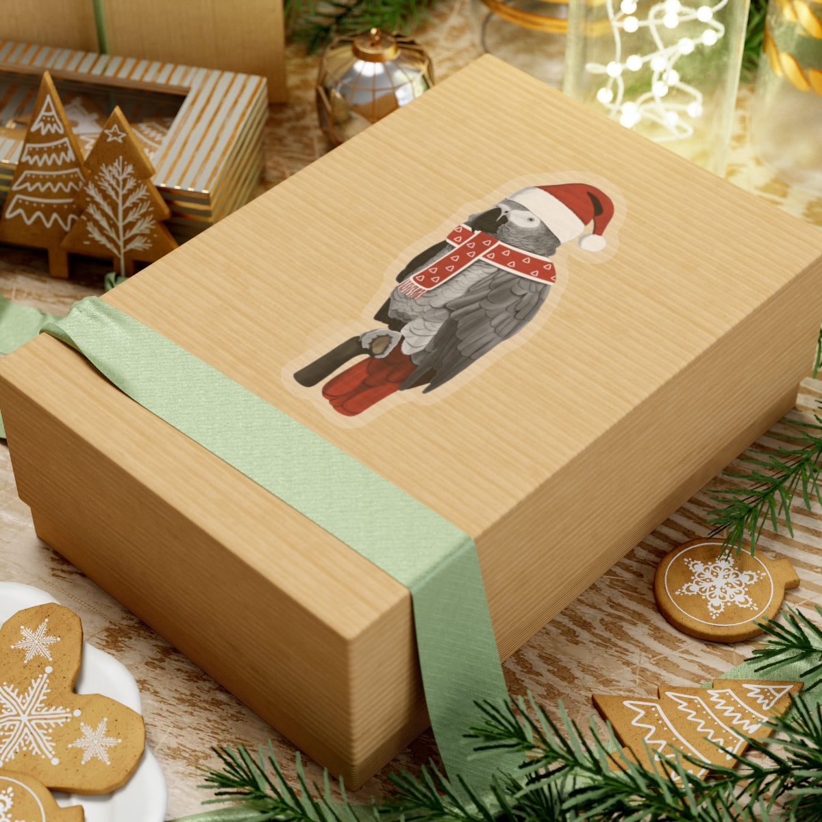 Grey Parrot with Santa Claus Hat and Scarf Christmas Bird Sticker