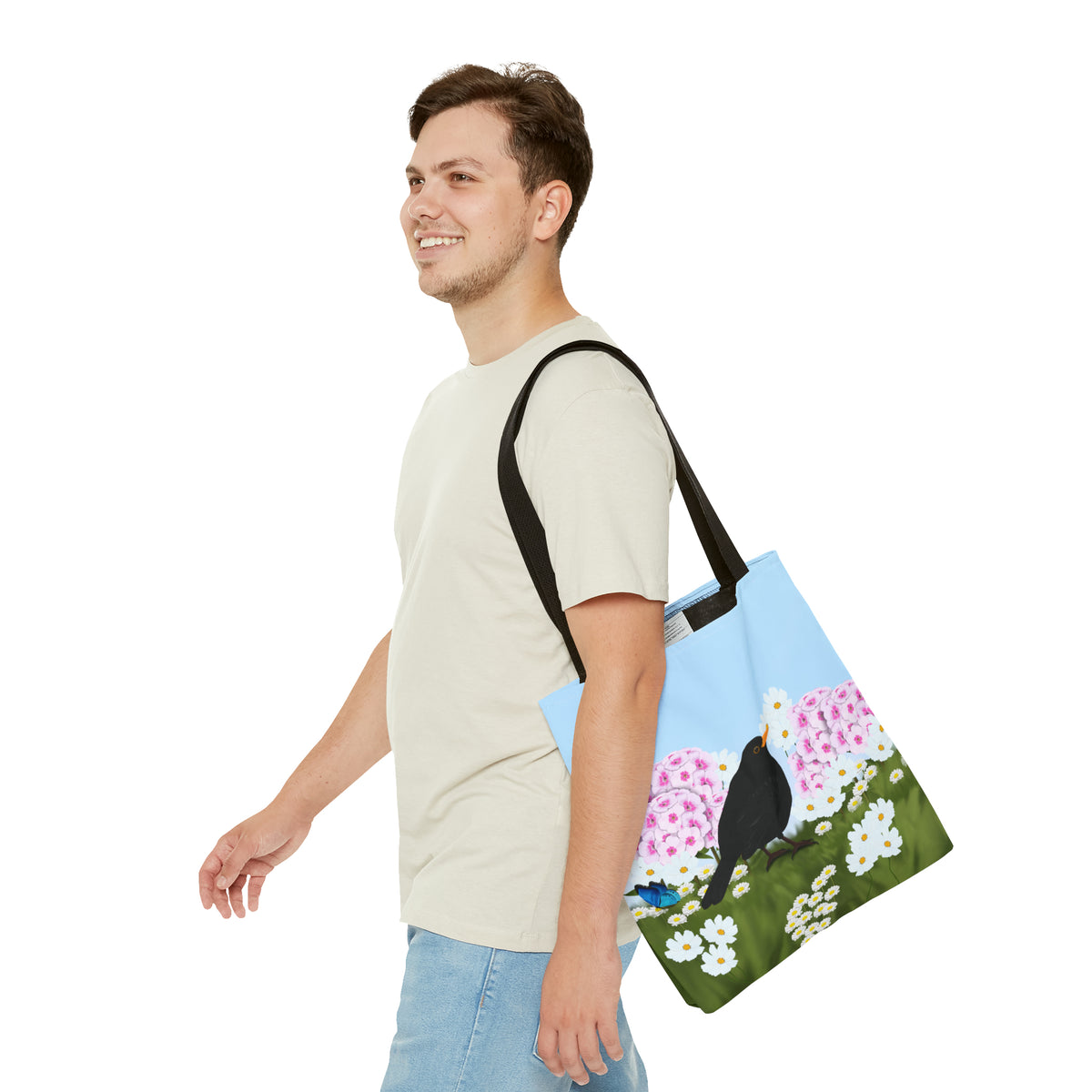Blackbird in Summer Flowers Bird Tote Bag 16"x16" - jz.birds