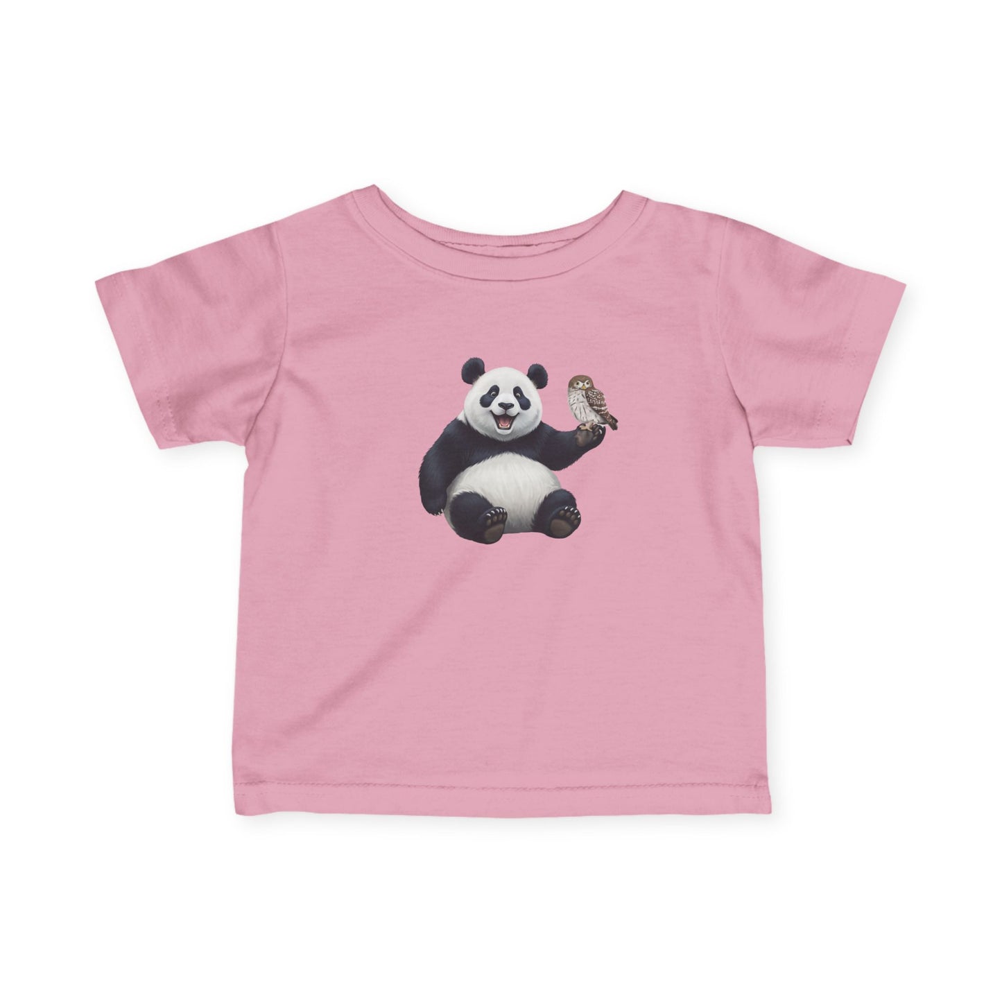 Fröhlicher Panda mit Eule Vogel Tiermotiv T-Shirt für Babys und Kleinkinder