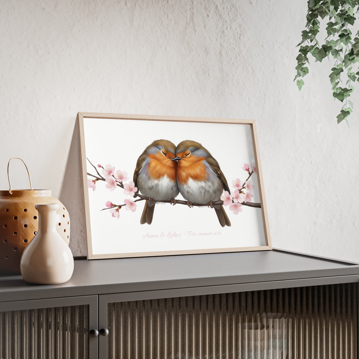 Tableau mural personnalisé avec cadre en bois – Couple de rouges-gorges avec prénoms au choix
