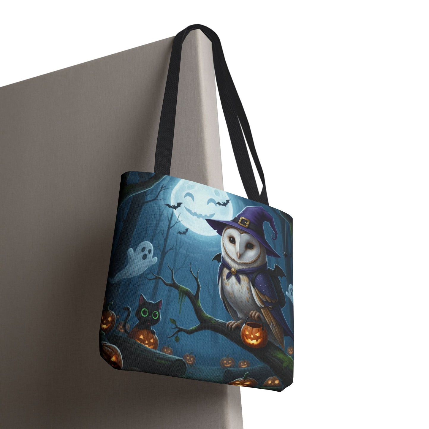 Barn Owl Halloween Tote Bag: Purple Cape & Witch Hat | 16"x16" Polyester | Bird Decor Accessory