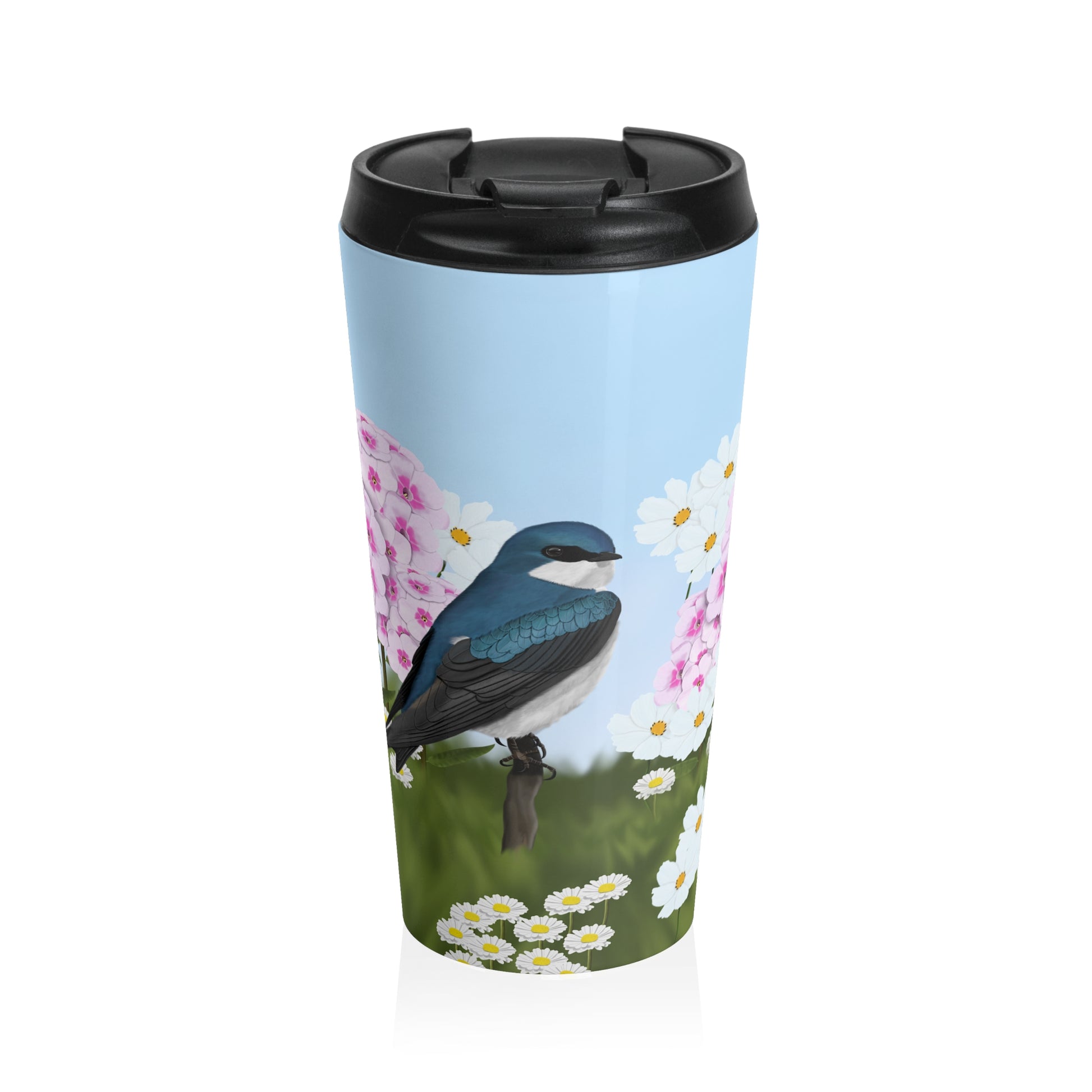 Tree Swallow Summer Flowers Bird Stainless Steel Travel Mug 15oz - jz.birds