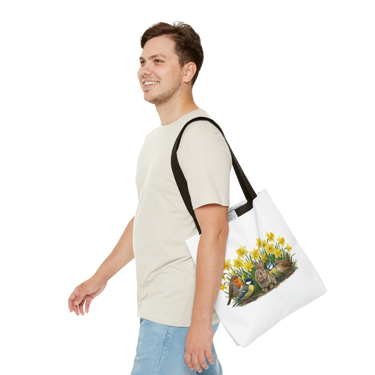 Resistente bolsa de compras «Primavera»: motivo de conejo, petirrojo y carbonero | bolso shopper de 40 x 40 cm