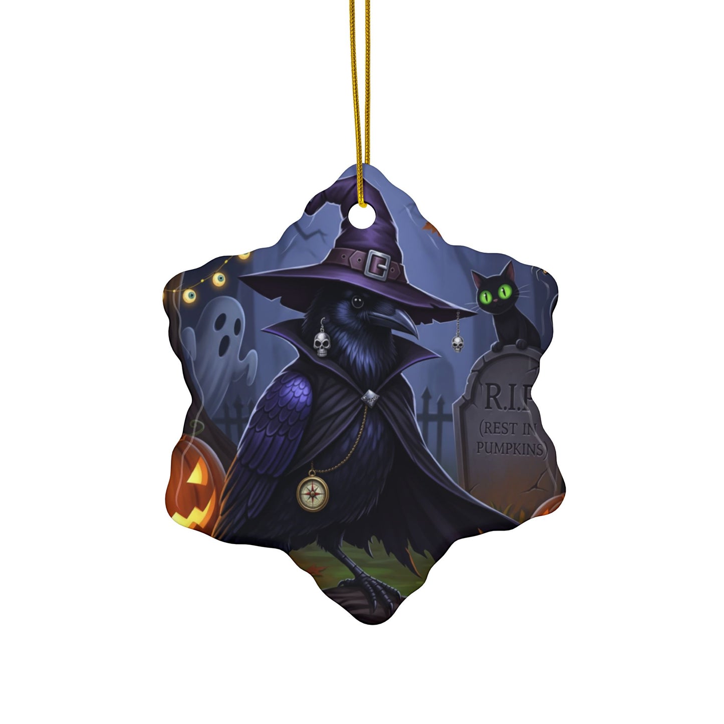 Black Crow Ceramic Bird Halloween Ornament | Double-Sided Spooky Decor