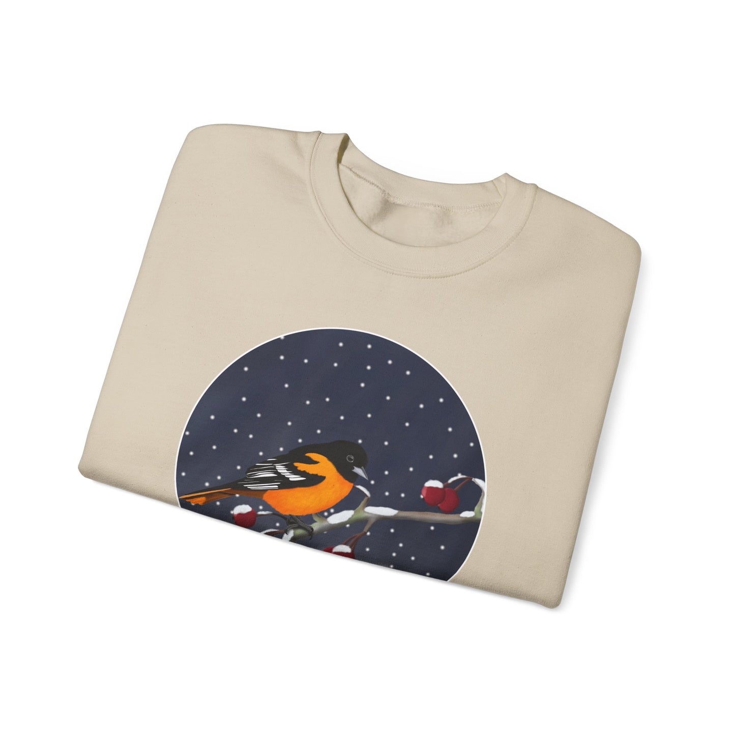 Baltimore Oriole on a Winter Branch Birdwatcher Christmas Bird Sweatshirt