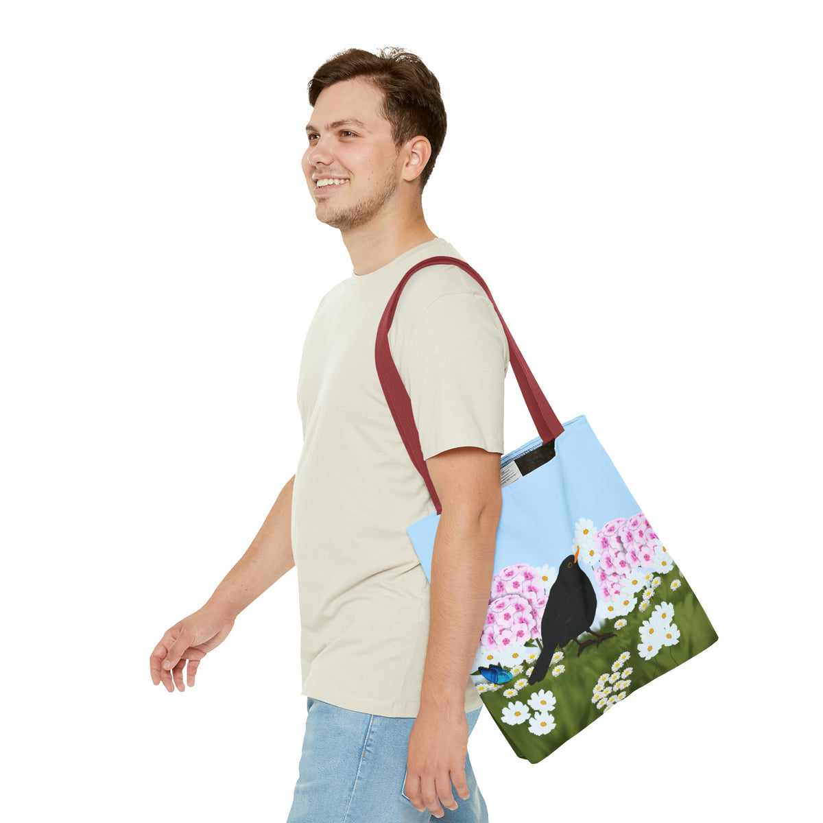 Blackbird in Summer Flowers Bird Tote Bag 16"x16" - jz.birds