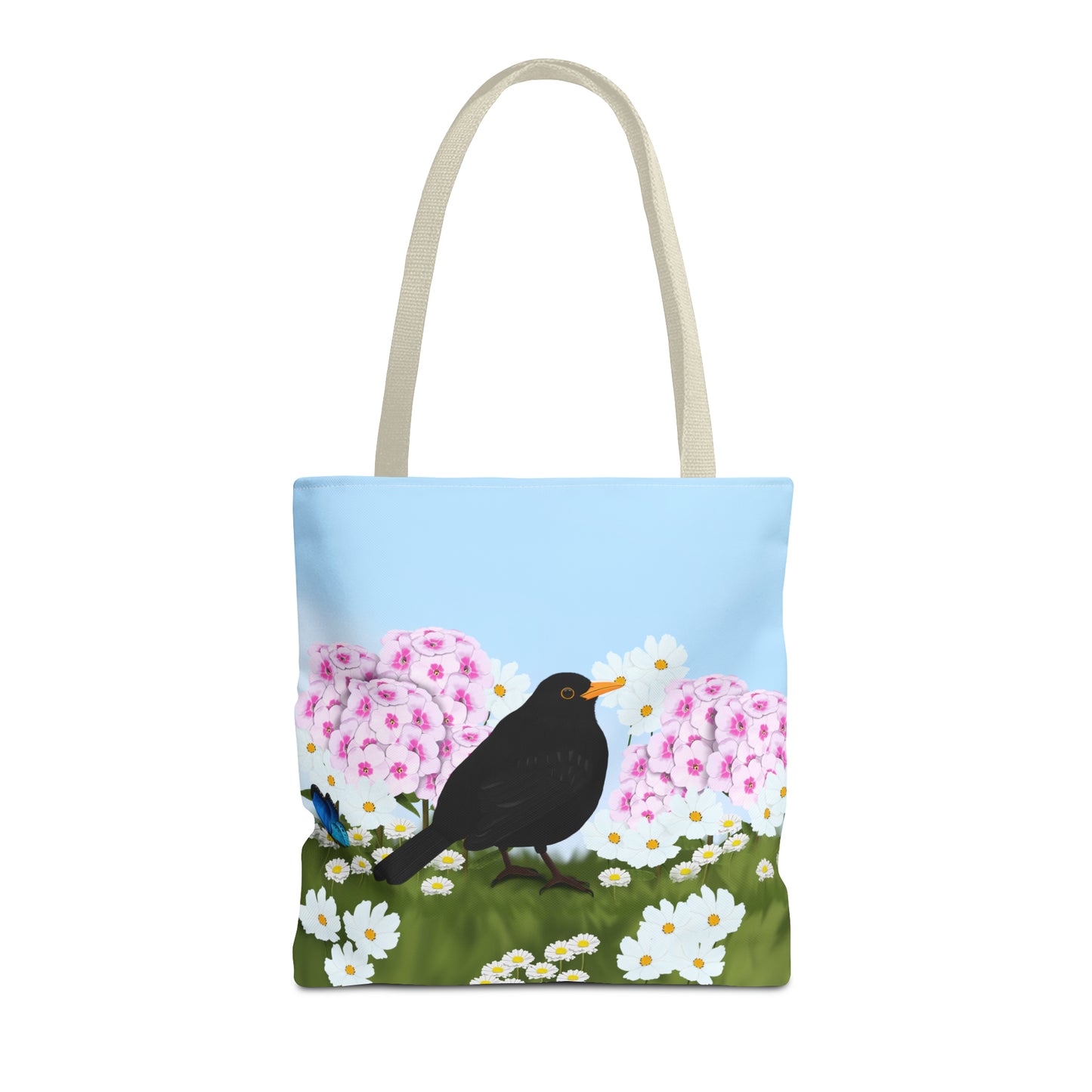 Blackbird in Summer Flowers Bird Tote Bag 16"x16" - jz.birds
