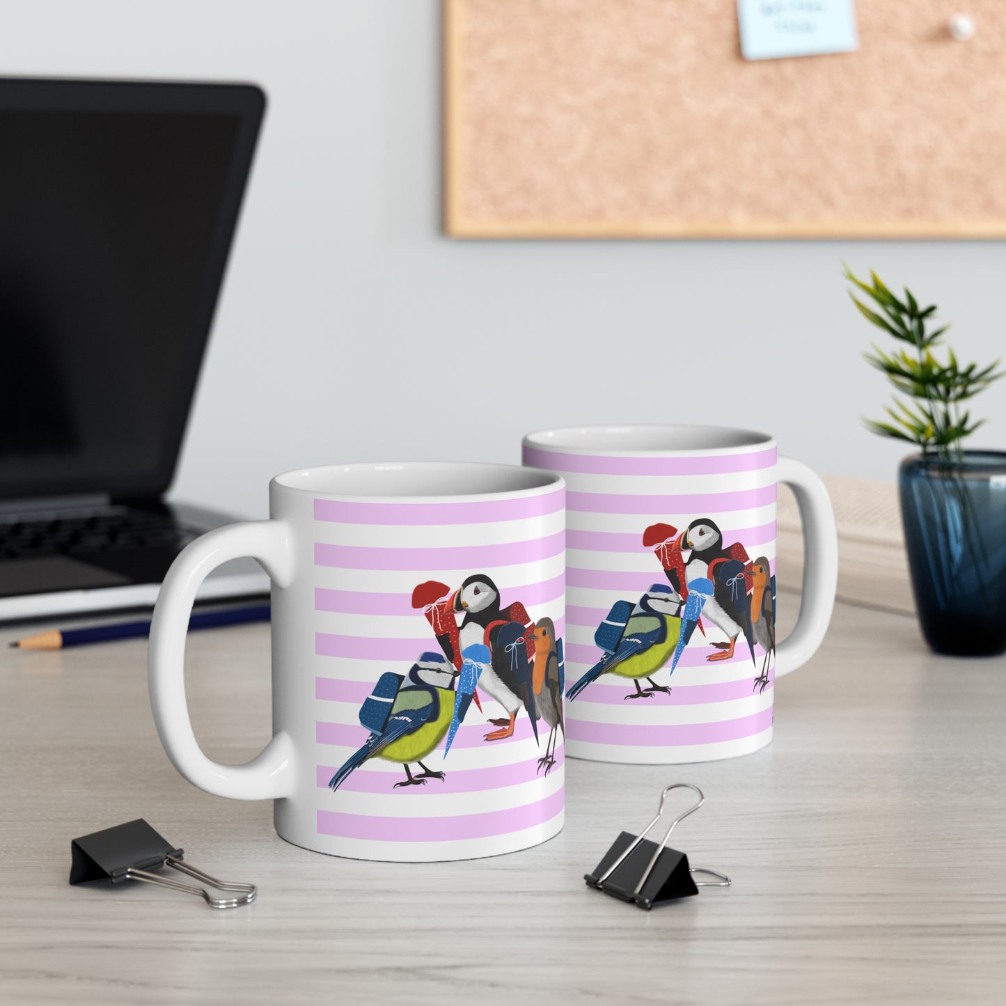 Robin Puffin Blue Titmouse School Enrollment First Day of School Bird Ceramic Mug 11oz Pink