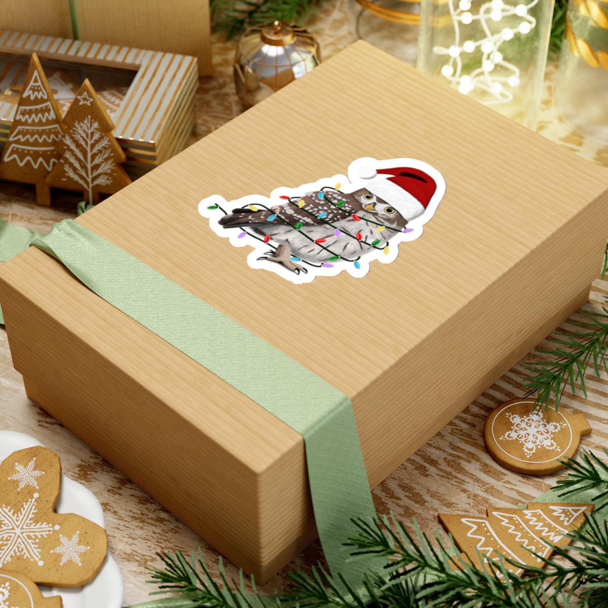 Owl with Fairy Lights Santa Claus Hat and Scarf Christmas Bird Sticker – Paper products