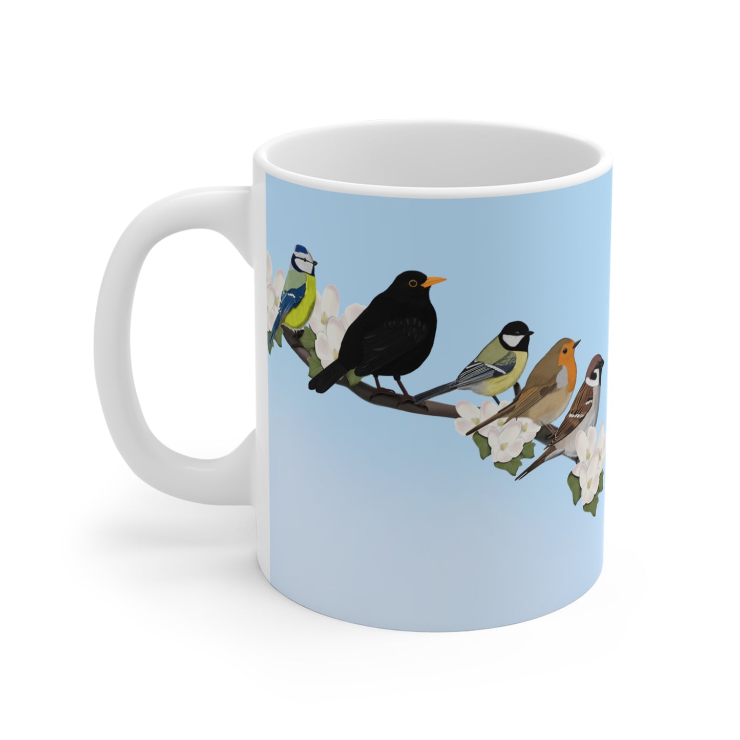 Amsel Rotkehlchen Kohlmeise auf einem Ast mit Apfelblüten im Frühling Vogel Tasse für Vogelfreunde
