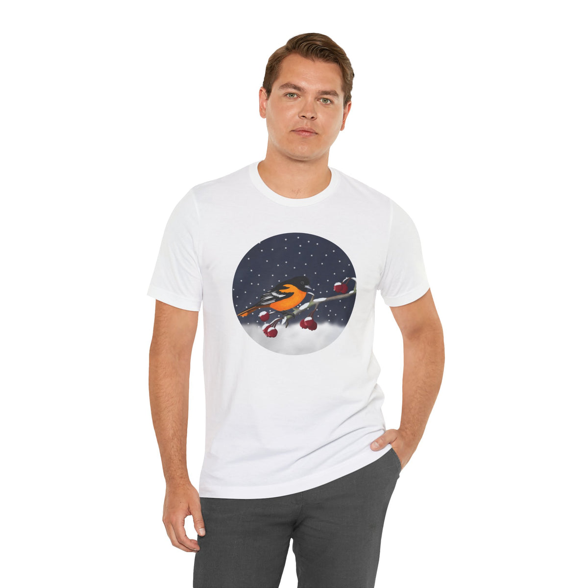 Baltimore Oriole on a Winter Branch Birdwatcher Christmas Bird T-Shirt