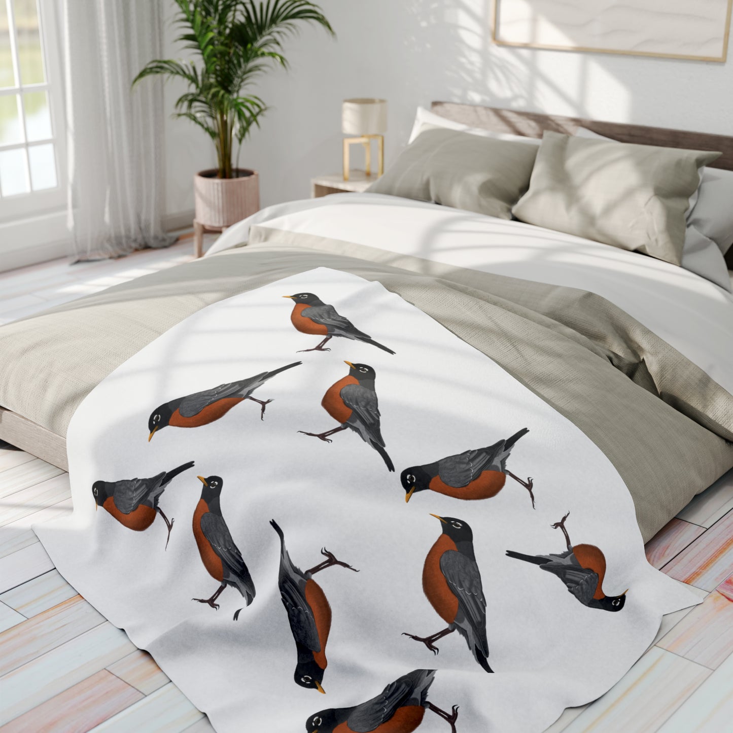 American Robin Bird Arctic Fleece Blanket White