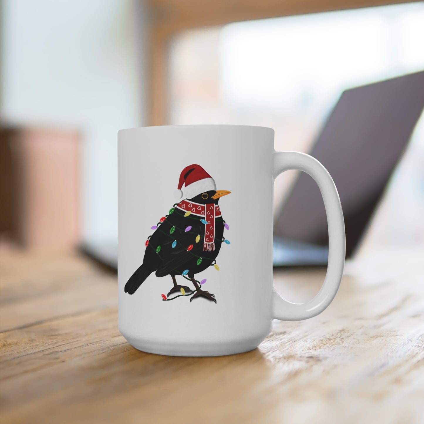 Amsel Tasse Vogel als Weihnachtsmann mit Lichterkette Weiß für Vogelfreunde